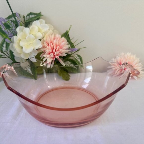 Vintage Pink Depression Glass Bowl with Art Deco Handles – Elegant 1930s Glass S - Picture 3 of 4